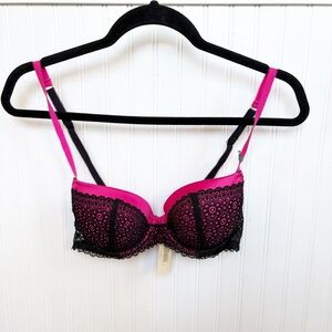 Aerie Juliet Push Up Bra Hot Pink & Black Lace Women’s Size 34C NEW